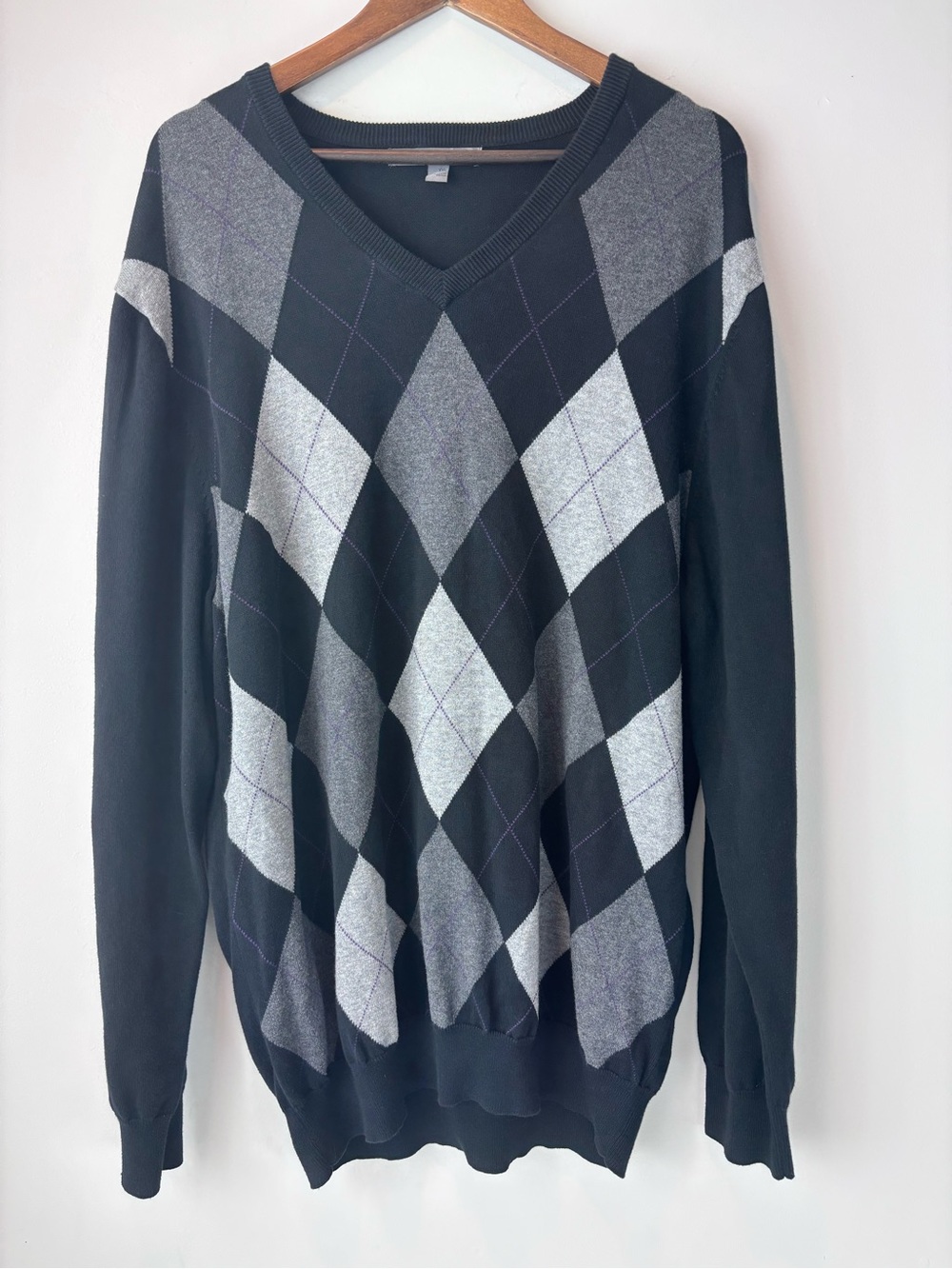 Old Navy Men’s Argyle V Neck Sweater XXL Black Gray Purple 100% Cotton